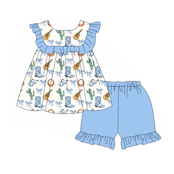 L-3.6 GSSO2143 Baby Girls Western Boots Cactus Top Ruffle Shorts Clothes Sets Preorder