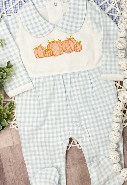 8.7 LR2560 Baby Girls Light Blue Plaid Pumpkins Fall Footed Rompers Preorder