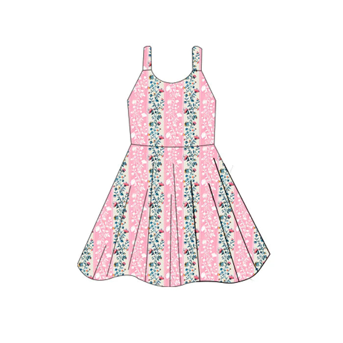 6.12 GSD2596 Baby Girls Pink Sleeveless Floral Leopard Stripe Knee Length Dresses Preorder