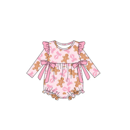 5.21 LR2201 Baby Girls Pink Long Sleeves Gingerbread Bows Ruffle Rompers Preorder