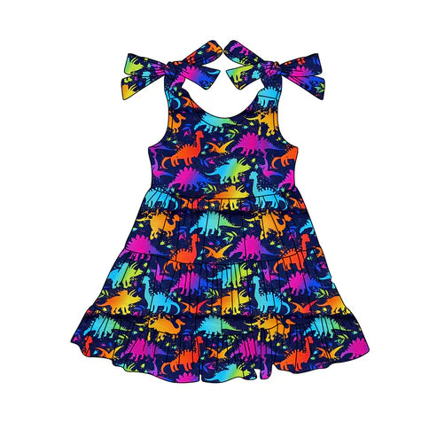 4.9 GSD2356 Baby Girls Strap Colorful Dinosaurs Knee Length Dresses Preorder