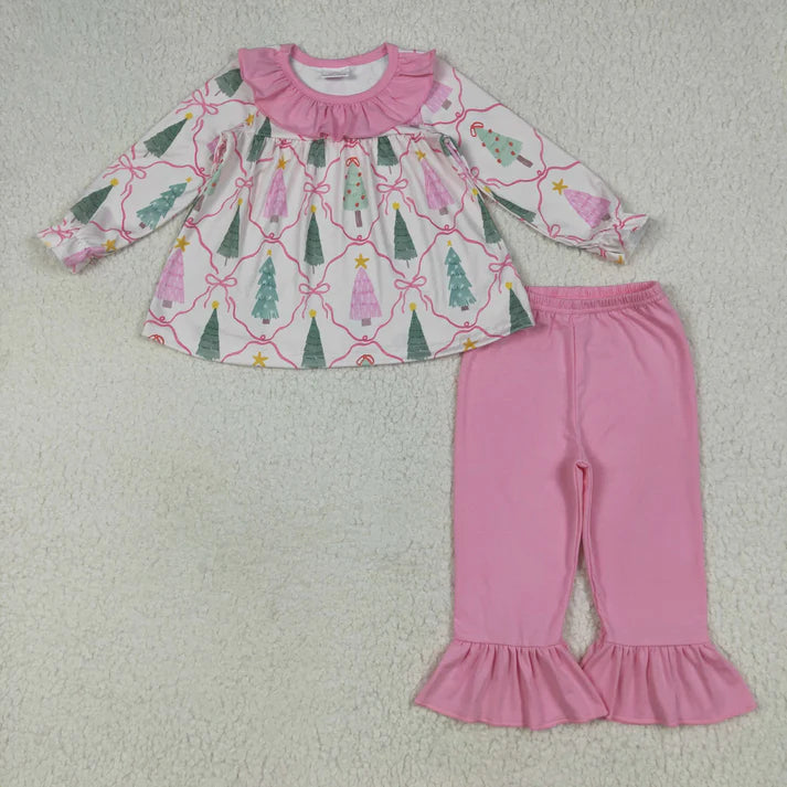 8.15 GLP2420 Baby Girls Long Sleeves Trees Bows Plaid Tunic Ruffle Pant Set