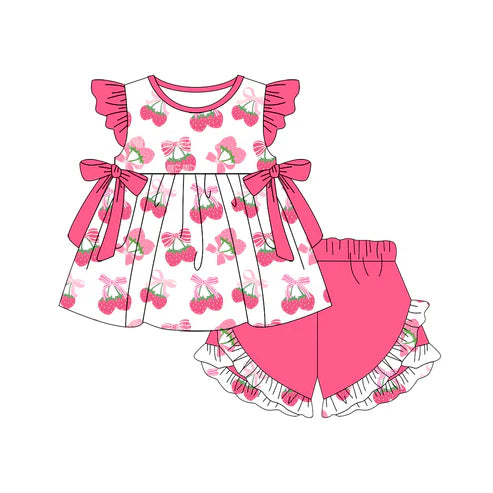 4.18 GSSO2554 Baby Girls Pink Flutter Sleeves Bows Strawberry Tunic Ruffle Short Set Preorder