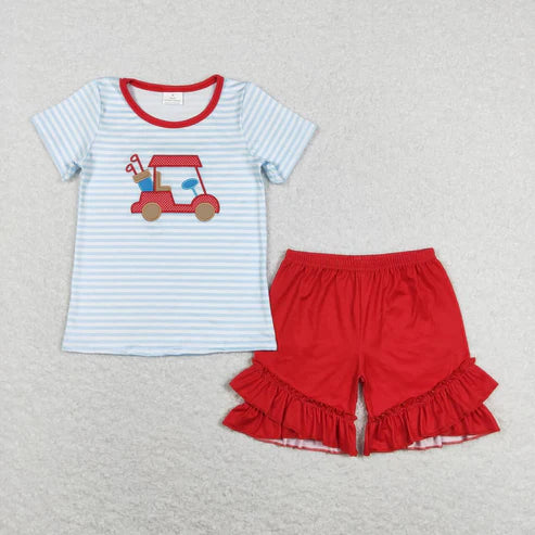 6.17 GSSO0432 Embroidery Golf Sightseeing Car Blue and White Striped Short Sleeve Shorts Set