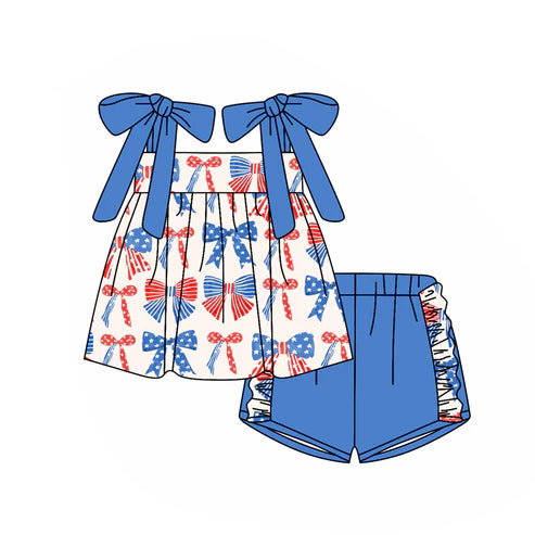 3.17 GSSO2331 Baby Girls Blue Strap Red Bows Stars Tunic Ruffle Short 4th Of July Set Preorder