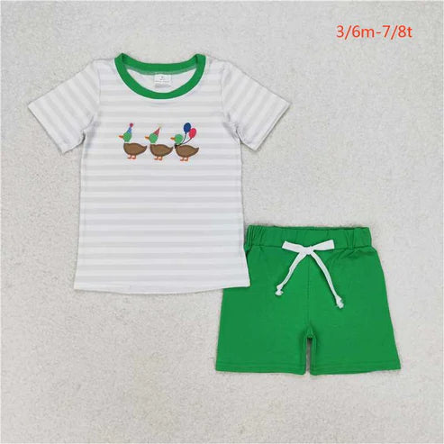 BSSO0926 Embroidered birthday balloon duck striped short sleeve green shorts set