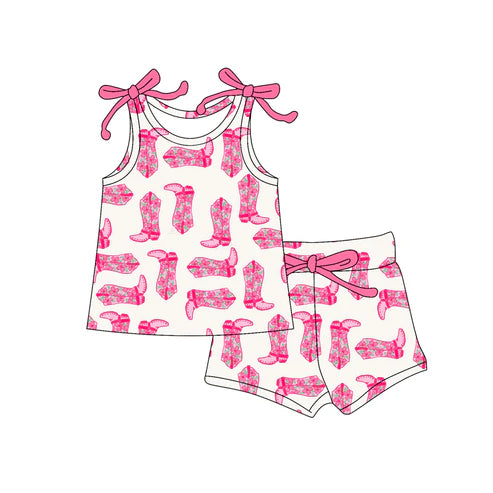 6.7 GSSO2658 Baby Girls Bows Sleeveless Pink Boots Plaid Top Short With Belt Set Preorder