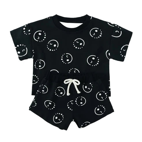 3.22 BSSO1424 Baby Boys Black Short Sleeves Smiles Top Short Pajamas Set Preorder