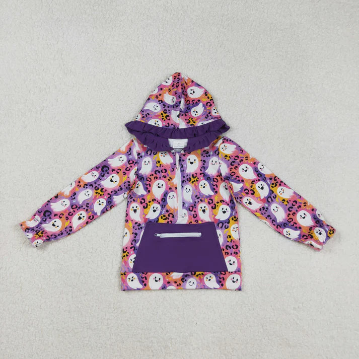 9.3 GT1155 Baby Girls Purple Leopard Ghost Pocket Zipper Halloween Hoodies Top