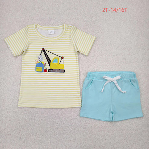 4.12 BSSO1417 Baby Boys Yellow Stripe Short Sleeves Excavator Top Blue Pockets Short Clothes Set