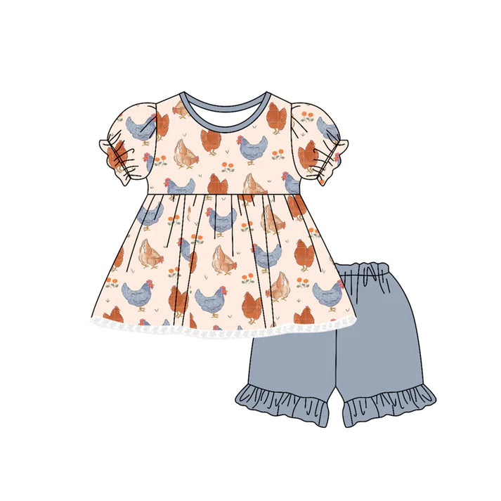 6.18 GSSO2625 Baby Girls Short Ruffle Sleeves Flowers Chicks Tunic Shorts Set Preorder