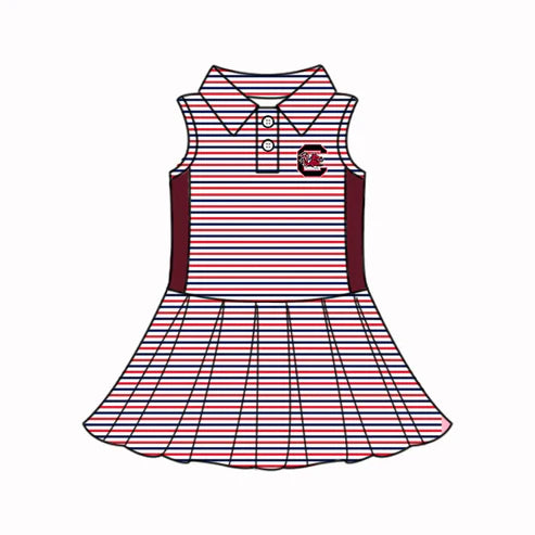 6.21 Custom Moq 3 Baby Girls Sleeveless Dark Red Stripe Button Bull C Team Knee Length Dresses