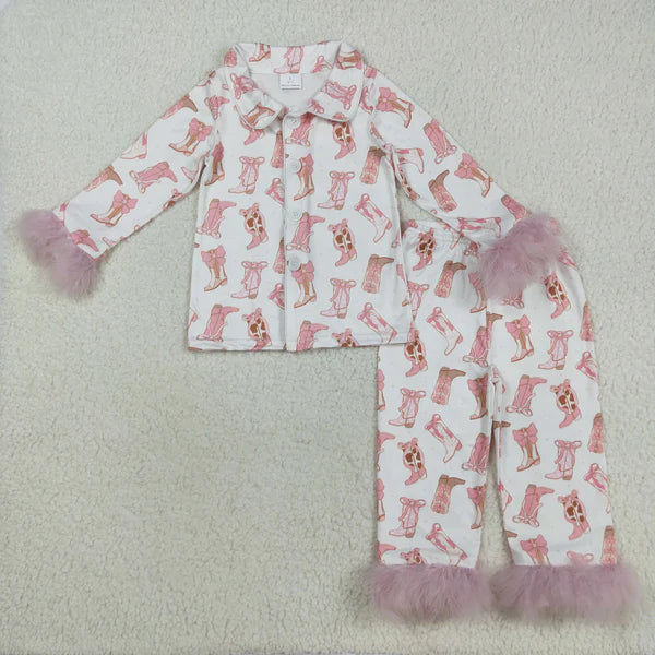 8.15 GLP2359 Baby Girls Fur Long Sleeves Pink Bows Boots Button Top Pant Pajamas Set
