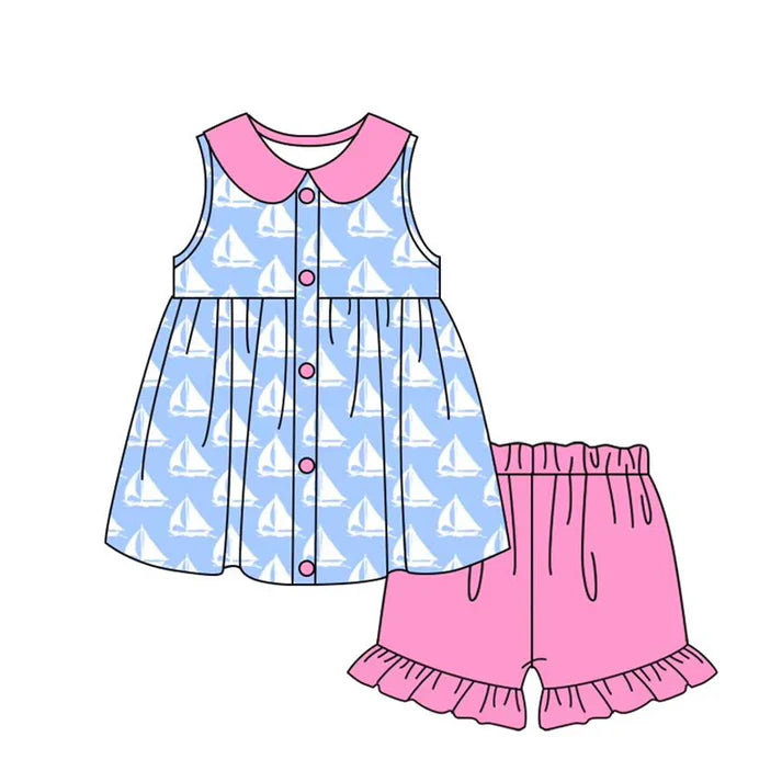3.23 GSSO2406 Baby Girls Blue Sleeveless Boats Button Tunic Pink Ruffle Short Set Preorder