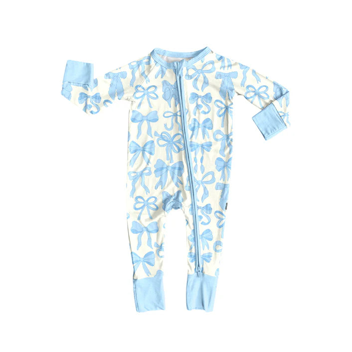8.23 LR2581 Baby Boys Light Blue Bows Plaid Zipper Footie Rompers Preorder
