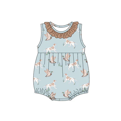 3.21 SR2935 Baby Infant Girls Blue Sleeveless Dogs Ducks Round Collar Ruffle Rompers Preorder