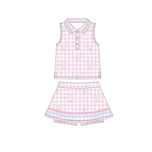 11.3 GSD2975 Baby Girls Pink Checked Tennis Button Top Skirt Shorts Yoga Clothes Set Preorder