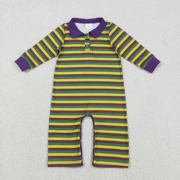 12.13 LR2679 Baby Girls Purple Yellow Green Stripe Button Mardigras Footie Romper