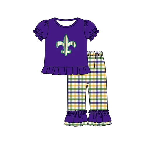 9.30 GSPO2093 Baby Girls Purple Anchor Ruffle Top Checked Pants Mardigras Clothes Sets Preorder
