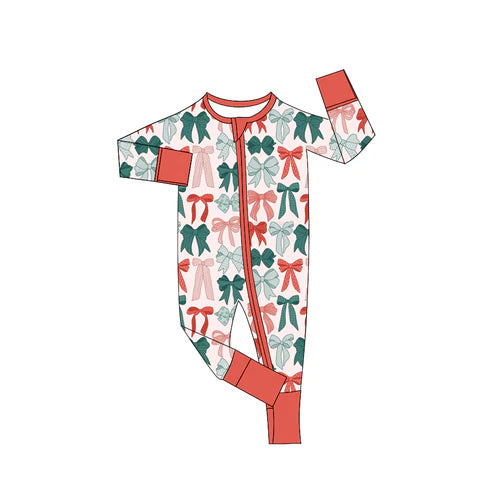 9.4 LR2623 Baby Girls Long Sleeve Green Red Bows Merry Christmas Zipper Footie Rompers Preorder
