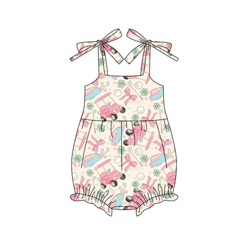 6.7 SR3140 Baby Girls Bows Strap Pink Golf Flowers Ruffle Rompers Preorder