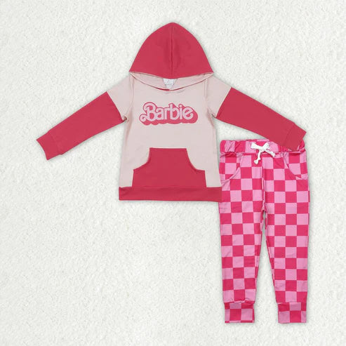3.18 GT0400+P0700 Baby Girls Pink Doll Hooded Top Checkered Pants Clothes Set