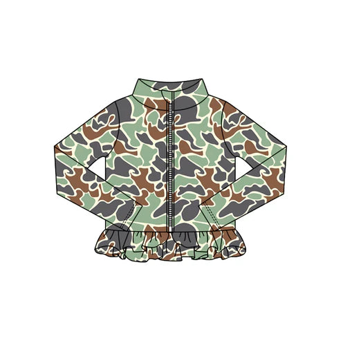 10.24 GT1318 Baby Girls Green Camo Ruffle Yoga Zipper Jackets Top Preorder