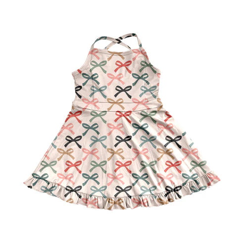 3.31 GSD2296 Baby Girls Peach Strap Colorful Bows Yoga Ruffle Knee Length Dresses Preorder