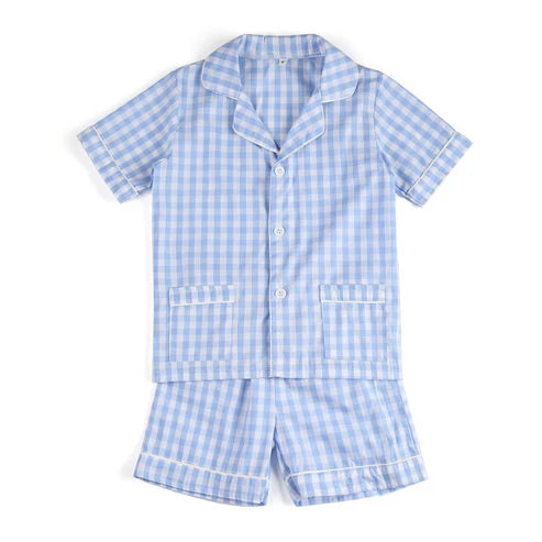 3.28 BSSO1446 Baby Boys Blue Plaid Short Sleeves Button Pocket Top Short Pajamas Set Preorder