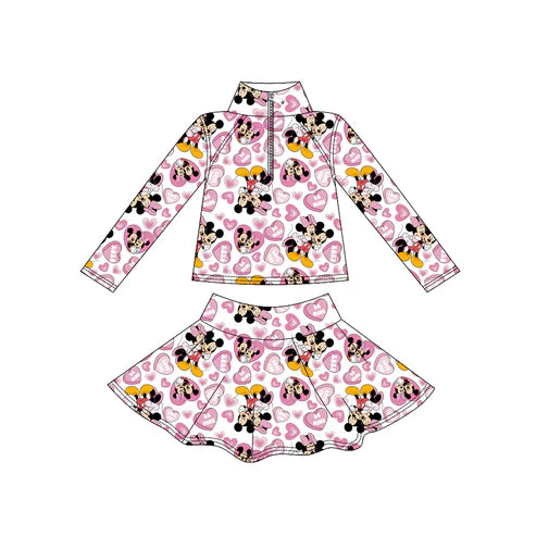 9.8 Custom Moq 5 Baby Girls Long Sleeve Cartoon Hearts Zip Pullover Skorts Yoga Clothes Sets