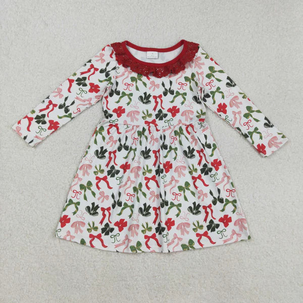 8.28 GLD1036 Baby Girls Long Sleeves Colorful Bows Christmas Knee Length Dress
