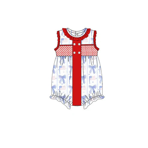 3.21 SR2920 Baby Infant Girls Red Sleeveless Button Blue Bows Flags 4th Of July Rompers Preorder
