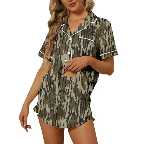 5.16 Preorder Moq 3 Adult Women Bottomland Camouflage Button Pocket Top Short Pajamas