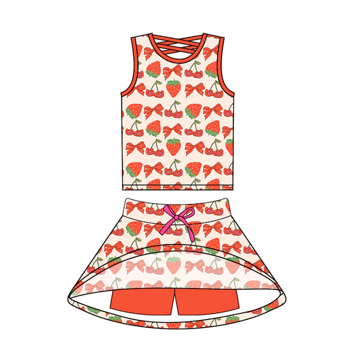 6.18 GSD2539 Baby Girls Sleeveless Bows Strawberry Top Skort Short Set Preorder