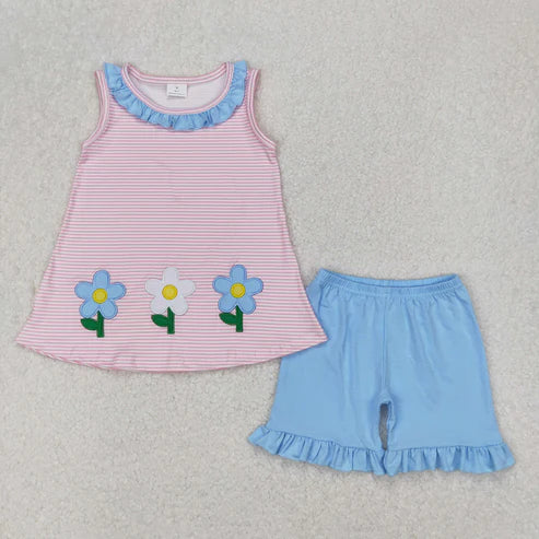 4.2 GSSO1895 Embroidery Baby Girls Pink Stripes Flowers Tunic Ruffle Shorts Clothes Set
