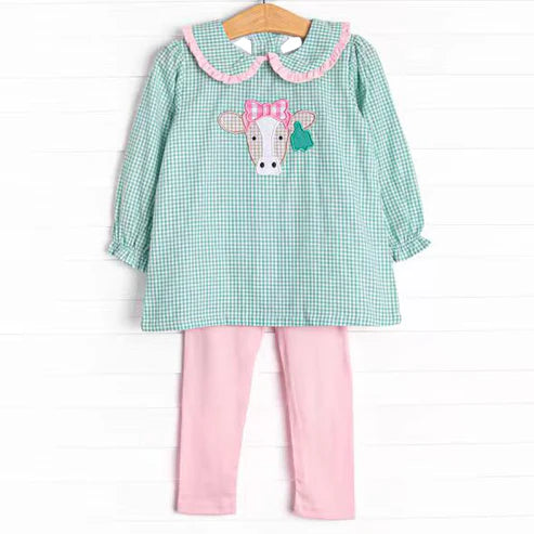 10.2 GLP2926 Baby Girls Green Checked Cows Tunic Leggings Farm Clothes Sets Preorder