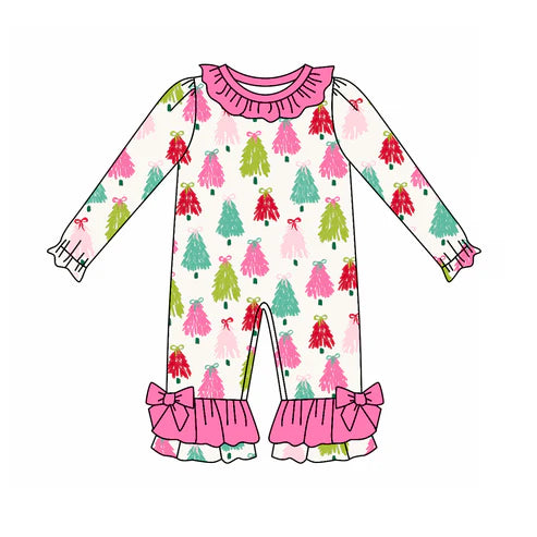 6.6 LR2280 Baby Girls Long Sleeves Colorful Bows Trees Ruffle Pant Rompers Preorder