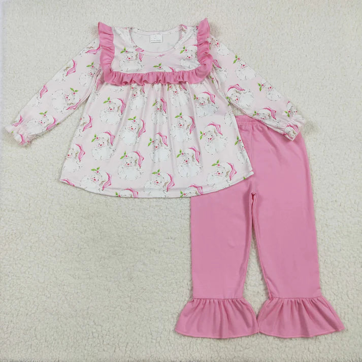 8.15 GLP2345 Baby Girls Long Sleeves Pink Santa Tunic Ruffle Pant Set