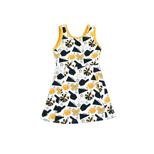 10.1 GSD2845 Baby Girls Black Yellow Bows Footballs Go Team Shorts Yoga Knee Length Dresses