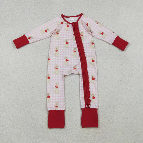 10.18 LR2681 Baby Girls Pink Checked Dogs Hearts Valentine Ruffle Zipper Footie Romper