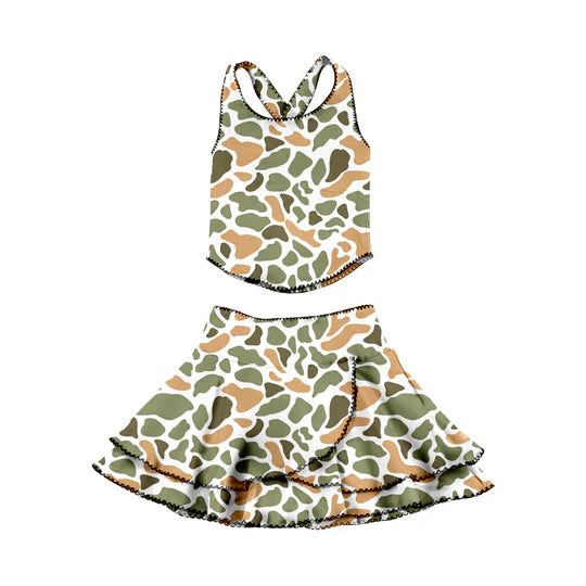 12.23 MOQ:5pcs GSD3358 pre-order toddler girl clothes camo print girl yoga summer skirt set
