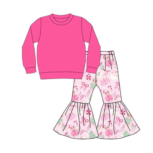 9.9 Custom Moq 5 Baby Girls Pink Color Shirt Top Snowmen Bell Bottom Pants Christmas Clothes Sets