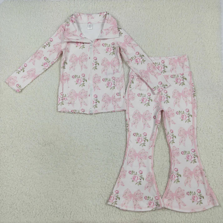 8.15 GT1075+P0768 Baby Girls Pink Floral Bows Pockets Zipper Top Bell Bottom Pant Yoga Set