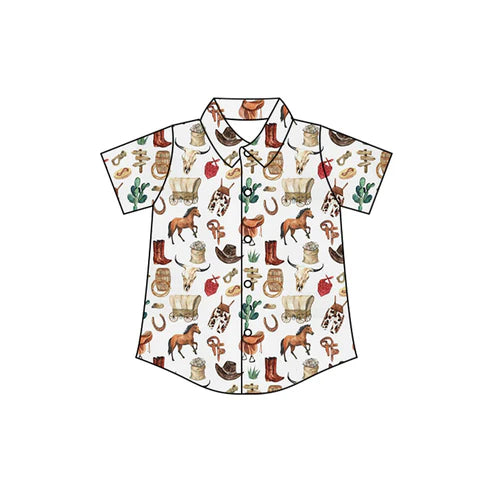 4.22 BT1231 Baby Boys Short Sleeves Button Boots Horses Shirts Top Preorder