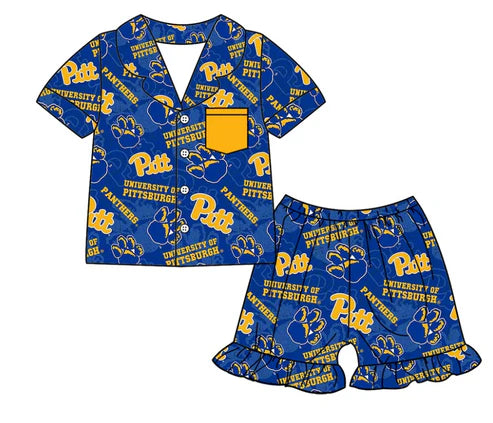 6.23 Custom Moq 3 Baby Girls Short Sleeves Blue Panthers Button Pocket Top Ruffle Shorts Team Pajamas Set