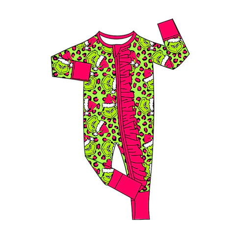 8.8 LR2520 Baby Girls Christmas Green Face Leopard Ruffle Zipper Footie Rompers Preorder