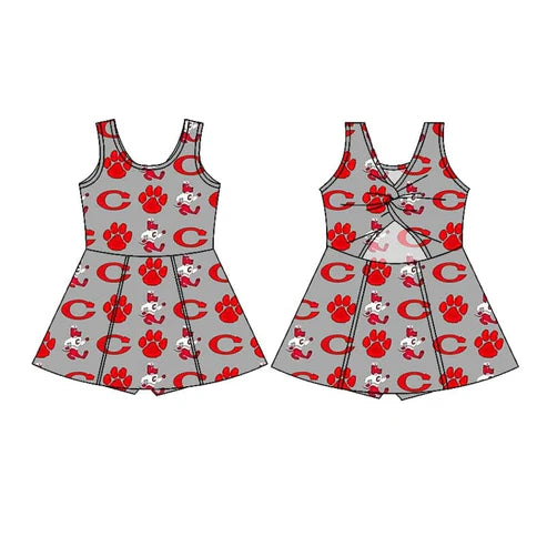 4.30  Custom Baby Girls Gray Sleeveless Red Pawl C Skort Knee Length Dress(MOQ 3)