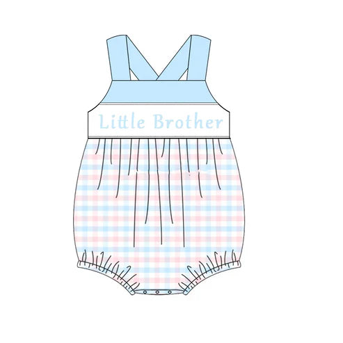 3.19 SR2910 Baby Infant Boys Light Blue Strap Little Brother Plaid Rompers Preorder