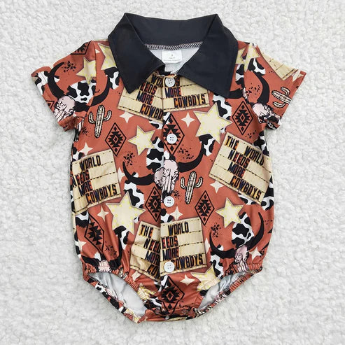 4.19 Sibling Baby Boys Western Buttons Short Sleeve Rompers