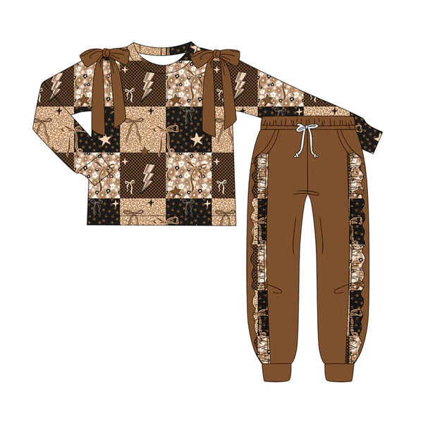 7.9 Custom Moq 3 Baby Girls Long Sleeves Brown Bows Stars Top Pockets Pant Clothes Set